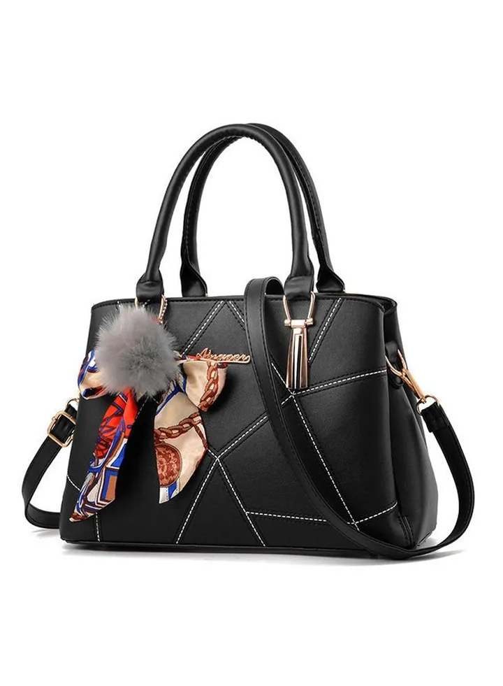 Ribbon Fur Ball Crossbody Bag, Women Leather Satchel Handbags