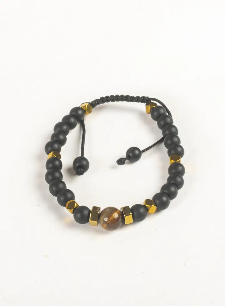 Paracord Bracelet with Black, Brown & Golden Hematite Beads Stones