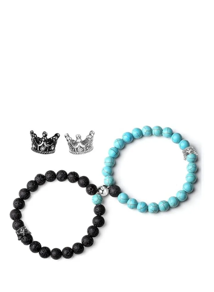Multi-colored king and queen crown magnetic bracelets, 2 pieces
