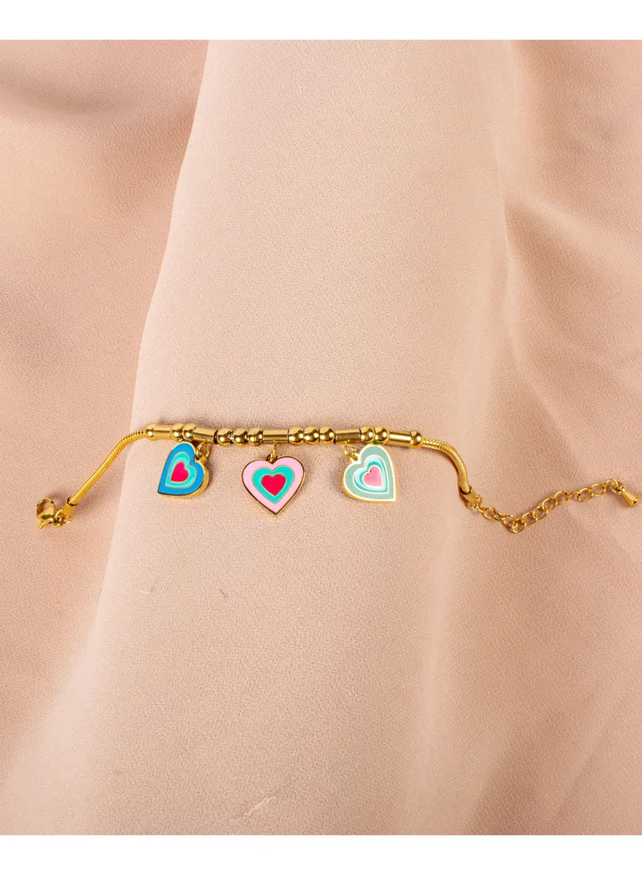 Stainless Steel Golden Bracelet with Colorful Hearts Pendants