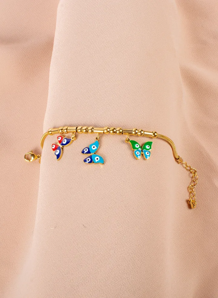 Stainless Steel Golden Bracelet with Colorful Butterflies Pendants