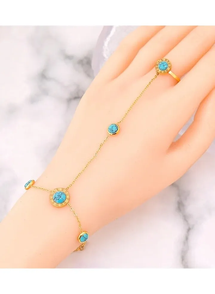 Stainless Steel Bracelet with Free Size Ring with Turquoise Stones