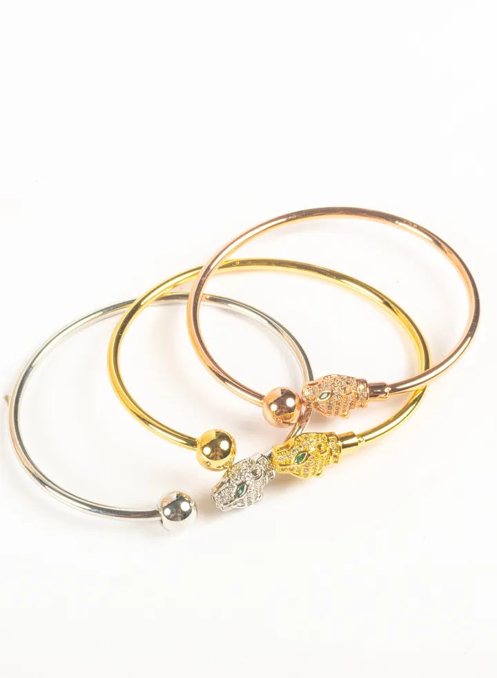Chinese Gold Triple Free Size Bracelet Gold, Silver & Rose Gold Zirconic Panther Head