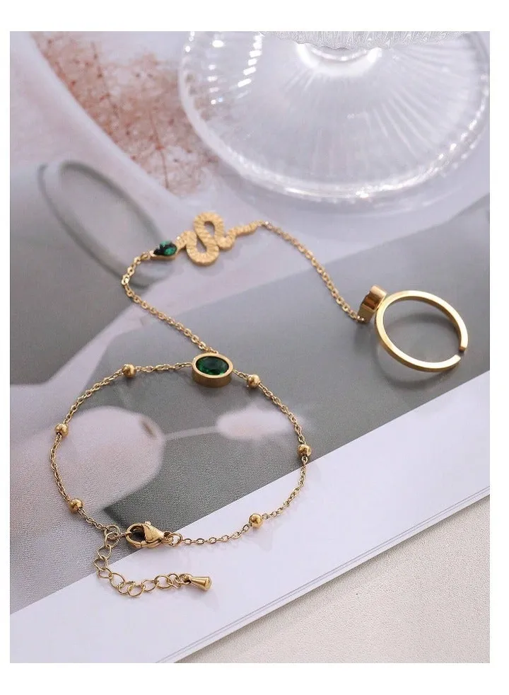 Stainless Steel Green Zirconic Bracelet with Free Size Ring - Snake Shape