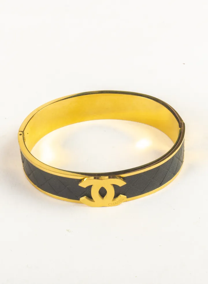 Stainless Steel Golden Bracelet with Black Leather