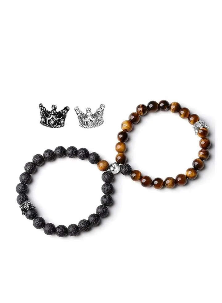 Multi-colored king and queen crown magnetic bracelets, 2 pieces
