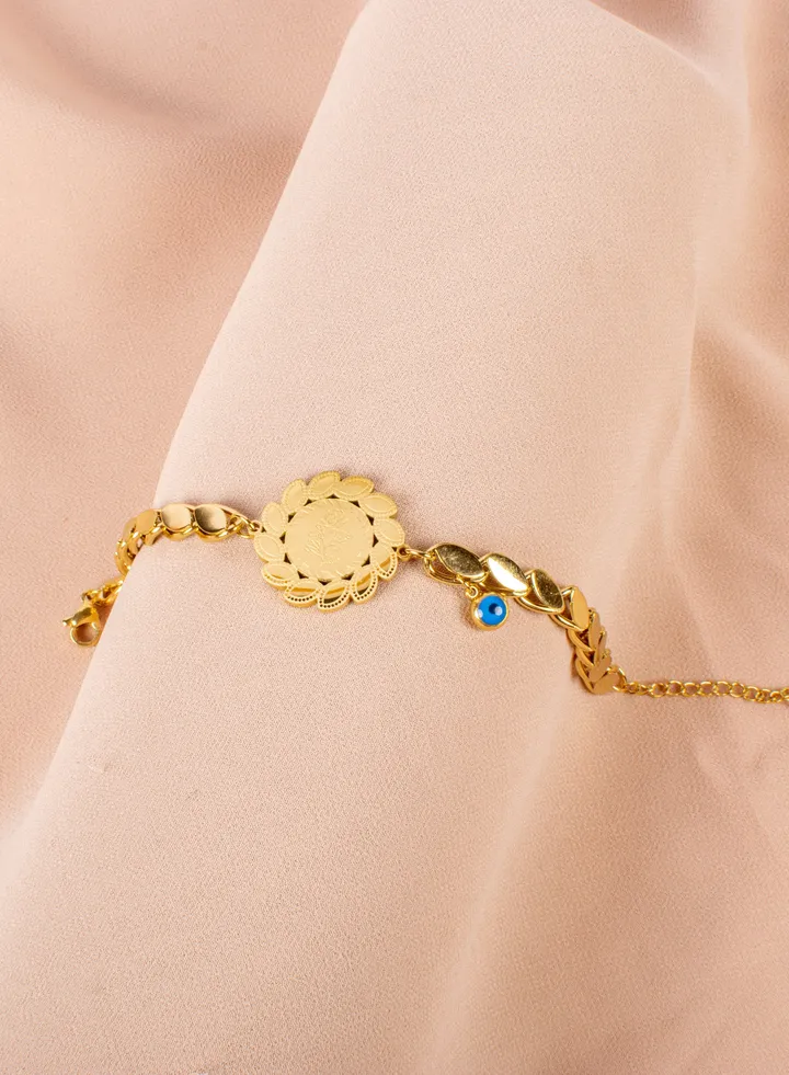 Stainless Steel Golden Bracelet with Rose and Blue Eye