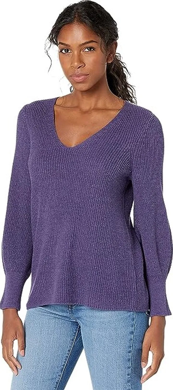 NIC+ZOE Petite Shaker Knit V-Neck Sweater (Fig) Women's Clothing