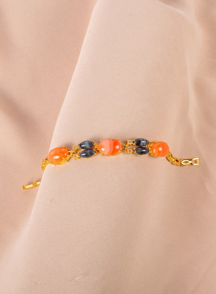 Chinese Gold Bracelet with Black & Orange Stones