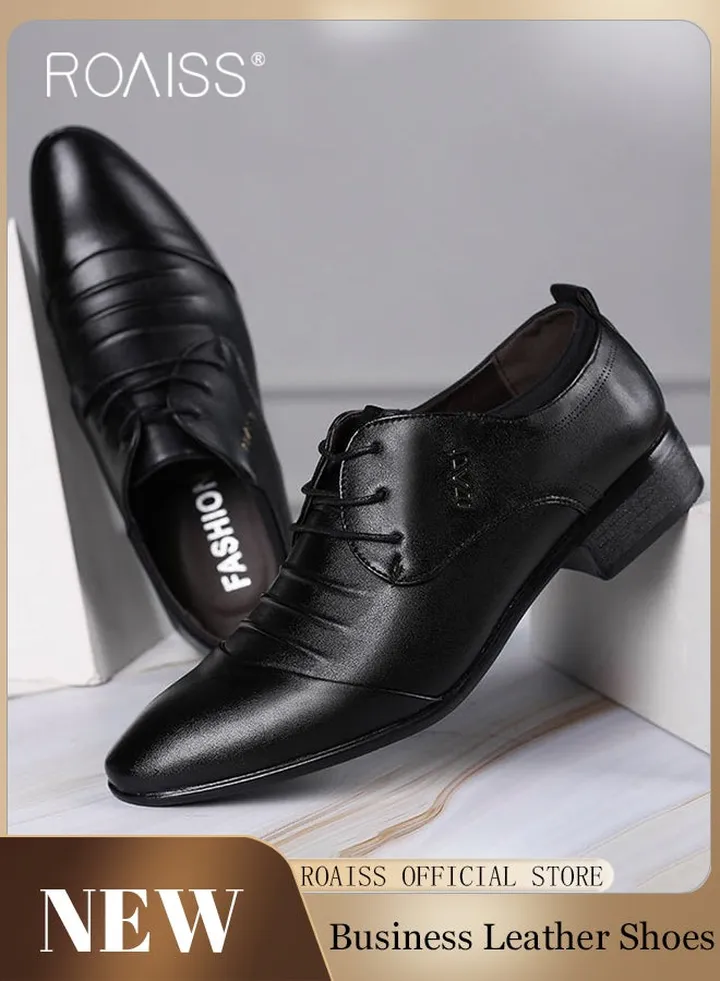 Business Formal Leather Shoes for Men Lightweight and Non Slip Pointed Patent Leather Shoes for Office Wedding Business Trip Casual Soft and Breathable Men's Lace up Leather Shoes for Bridegroom