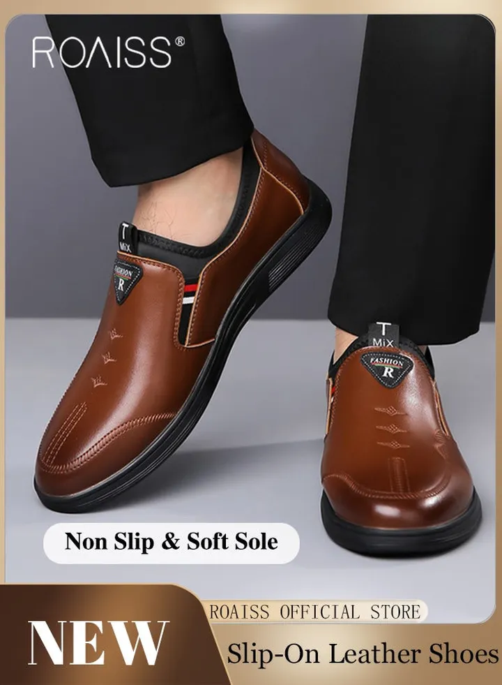 Fashion Slip-On Flat Shoes for Men Round Toe Low Top Stitch Decor Soft Sole Casual Business Leather Shoes Mens Wear Resistant Anti Slip Breathable Comfort Outdoor Walking Shoes