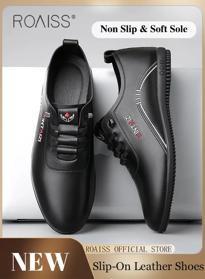 Business Flat Leather Shoes for Men Casual Fashion Round Toe Low Top Front Lace up Soft Sole Driving Shoes Mens Wear Resistant Anti Slip Breathable Comfort Outdoor Walking Shoes