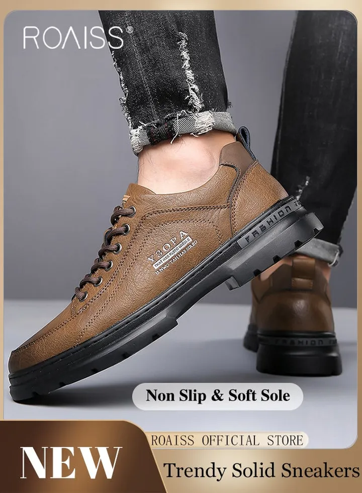 Letter Pattern Leather Shoes for Men Casual Round Toe Low Top Front Lace up Breathable Walking Shoes Mens Stretch Sole Comfort Wear Resistant Anti Slip Business Outdoor Shoes