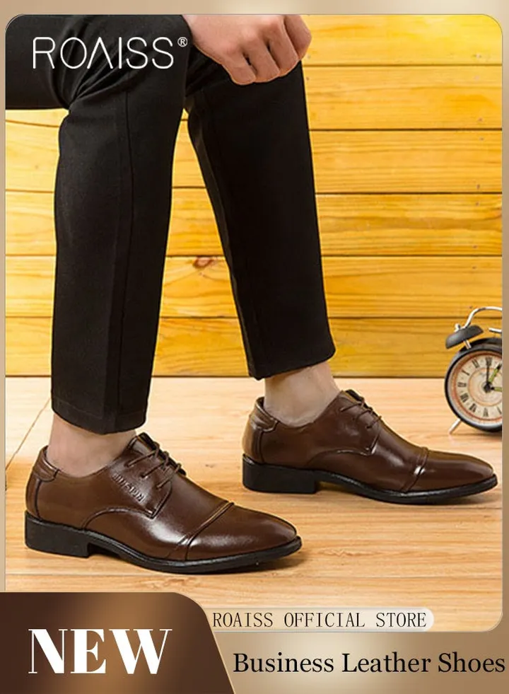 Business Formal Leather Shoes for Men Lightweight and Non Slip Pointed Patent Leather Shoes for Office Wedding Business Trip Casual Soft and Breathable Men's Lace up Leather Shoes for Bridegroom