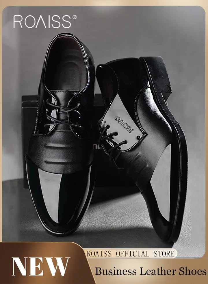 Business Formal Leather Shoes for Men Lightweight and Non Slip Pointed Patent Leather Shoes for Office Wedding Business Trip Casual Soft and Breathable Men's Lace up Leather Shoes for Bridegroom