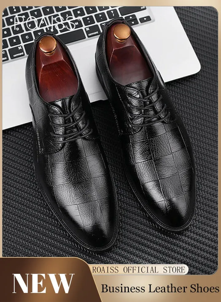 Business Formal Leather Shoes for Men Lightweight and Non Slip Pointed Patent Leather Shoes for Office Wedding Business Trip Casual Soft and Breathable Men's Lace up Leather Shoes for Bridegroom