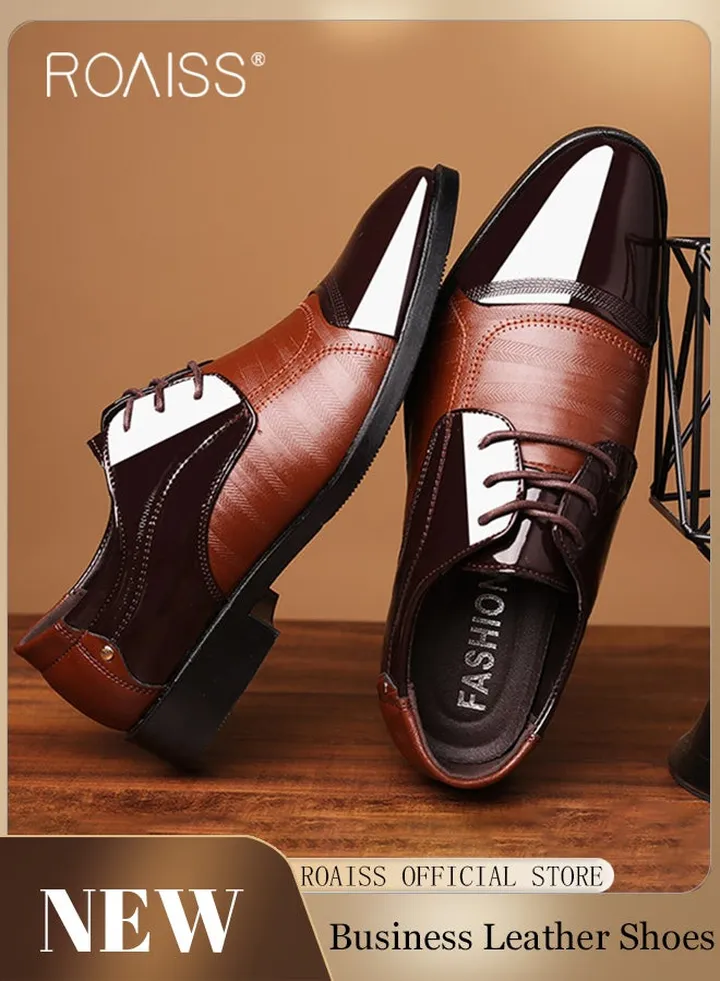 Business Formal Leather Shoes for Men Lightweight and Non Slip Pointed Patent Leather Shoes for Office Wedding Business Trip Casual Soft and Breathable Men's Lace up Leather Shoes for Bridegroom