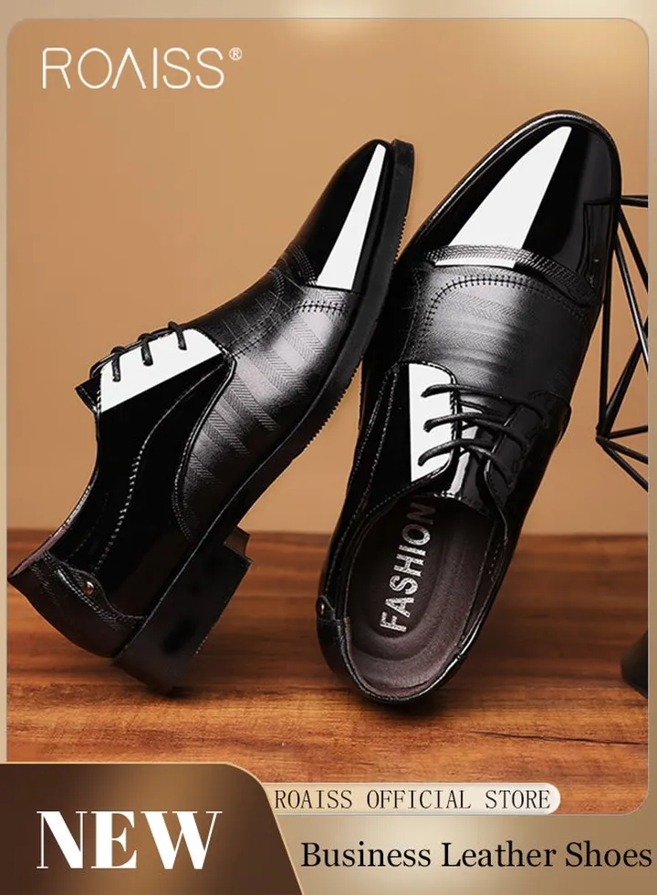 Business Formal Leather Shoes for Men Lightweight and Non Slip Pointed Patent Leather Shoes for Office Wedding Business Trip Casual Soft and Breathable Men's Lace up Leather Shoes for Bridegroom