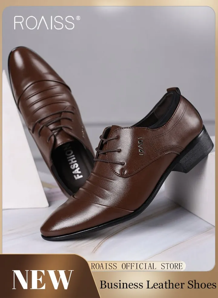 Business Formal Leather Shoes for Men Lightweight and Non Slip Pointed Patent Leather Shoes for Office Wedding Business Trip Casual Soft and Breathable Men's Lace up Leather Shoes for Bridegroom