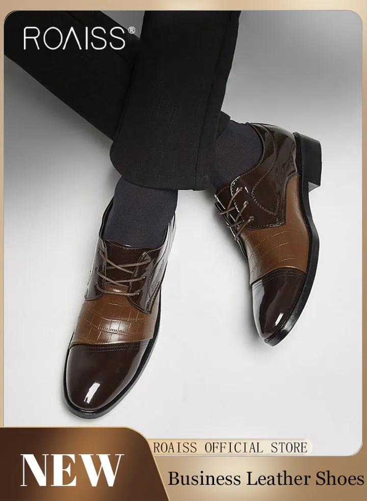 Business Formal Leather Shoes for Men Lightweight and Non Slip Pointed Patent Leather Shoes for Office Wedding Business Trip Casual Soft and Breathable Men's Lace up Leather Shoes for Bridegroom