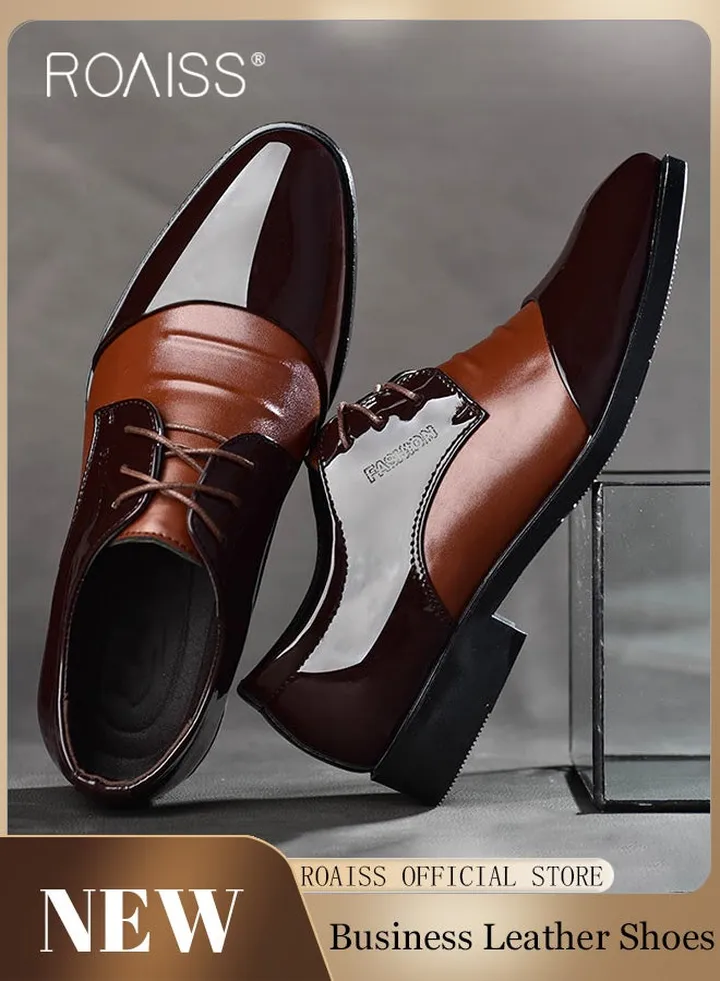 Business Formal Leather Shoes for Men Lightweight and Non Slip Pointed Patent Leather Shoes for Office Wedding Business Trip Casual Soft and Breathable Men's Lace up Leather Shoes for Bridegroom