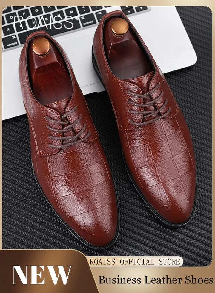 Business Formal Leather Shoes for Men Lightweight and Non Slip Pointed Patent Leather Shoes for Office Wedding Business Trip Casual Soft and Breathable Men's Lace up Leather Shoes for Bridegroom