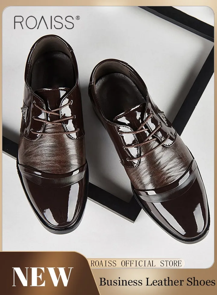 Business Formal Leather Shoes for Men Lightweight and Non Slip Pointed Patent Leather Shoes for Office Wedding Business Trip Casual Soft and Breathable Men's Lace up Leather Shoes for Bridegroom