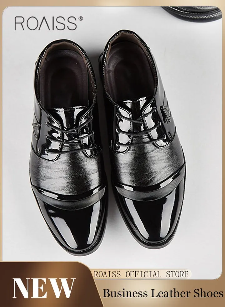 Business Formal Leather Shoes for Men Lightweight and Non Slip Pointed Patent Leather Shoes for Office Wedding Business Trip Casual Soft and Breathable Men's Lace up Leather Shoes for Bridegroom