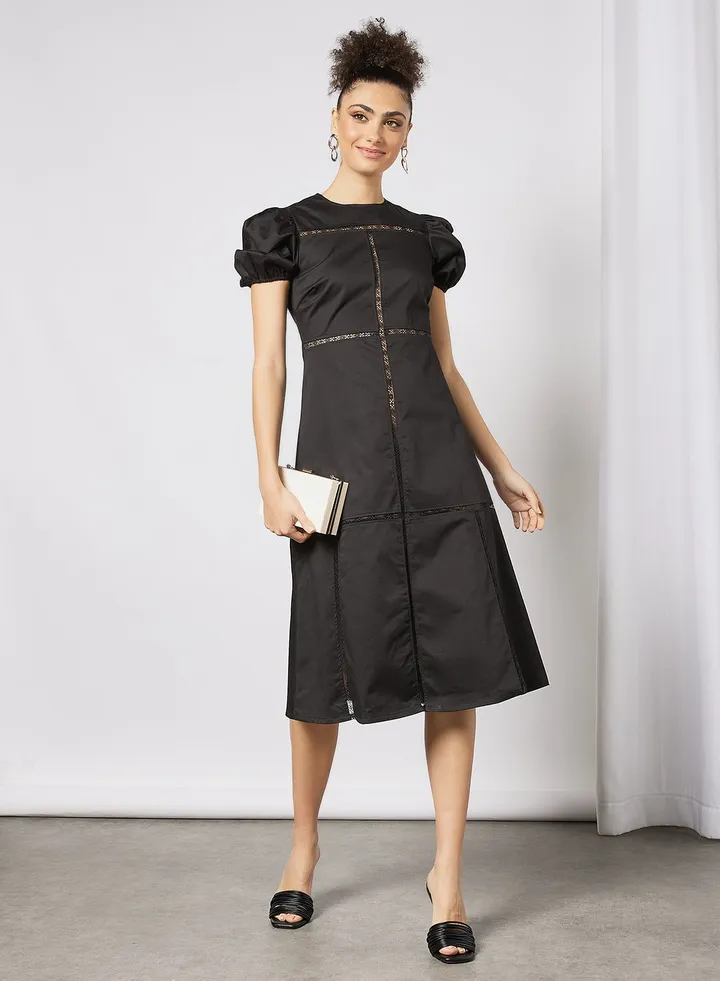 Lace Insert Midi Dress Black