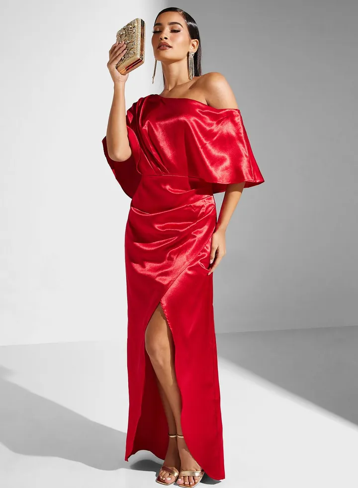 One Shoulder Satin Slit Dress