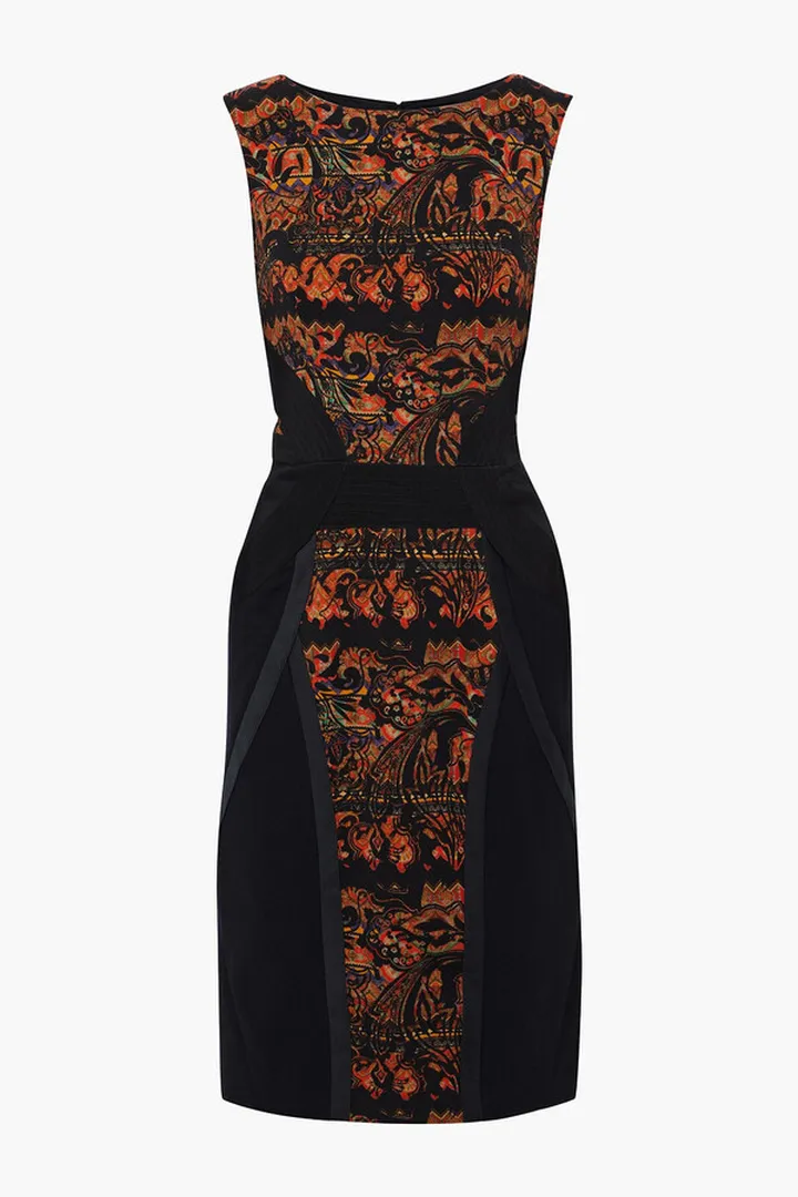 Grosgrain and satin-trimmed printed wool-blend crepe dress