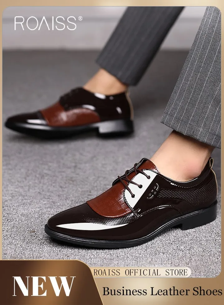Business Formal Leather Shoes for Men Lightweight and Non Slip Pointed Patent Leather Shoes for Office Wedding Business Trip Casual Soft and Breathable Men's Lace up Leather Shoes for Bridegroom