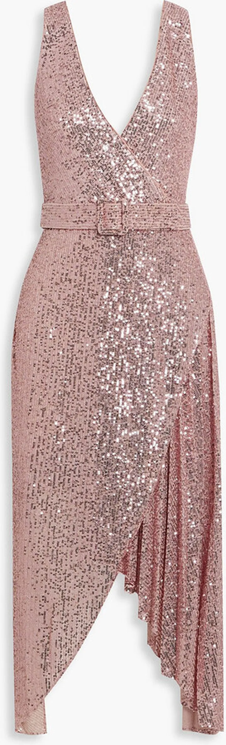 Belted wrap-effect embellished stretch-tulle dress