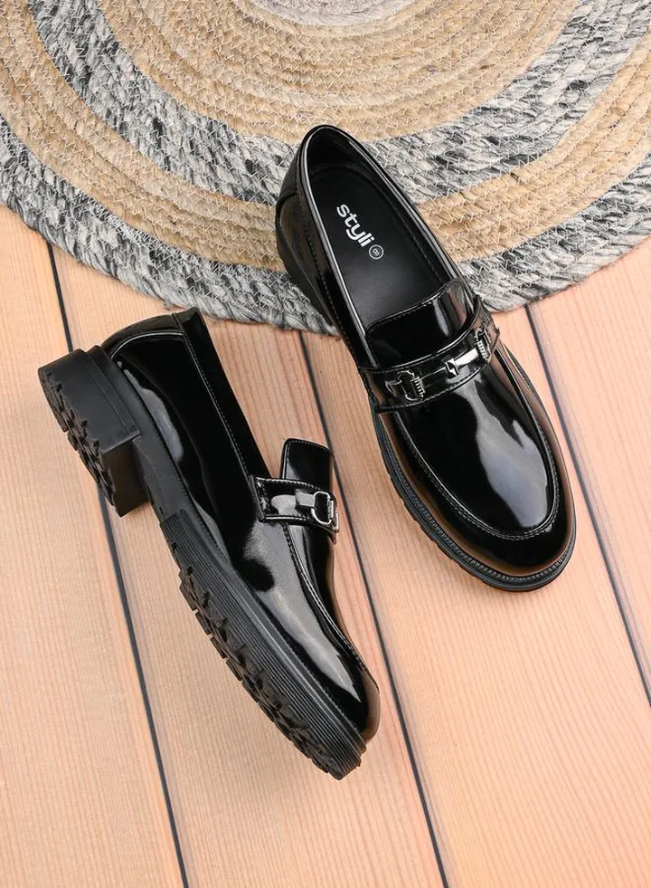 Patent Metal Horse Buckle Detail Chunky Loafers