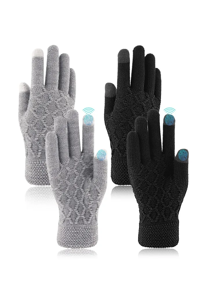 Winter Thermal Touchscreen Gloves, Warm Knit Gloves for Men Women, Thick Fleece Gloves Cycling Gloves with Soft Lining, Elastic Cuff Windproof Outdoors Gloves 2 Pairs