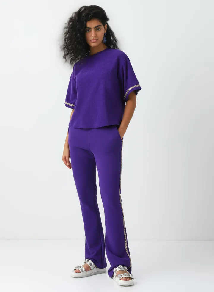 Women's Cotton Sweatpants with stripes Drawstring Closure Purple