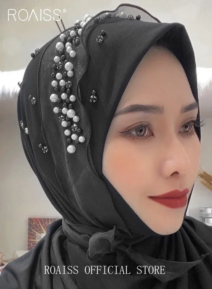 Women's Chiffon Hijab Muslim Casual Scarf Floral Pearl Turban for Ladies Beading Decoration Versatile All Seasons Wearable Traditional Wear Hijab Ramadan and Eid al-Adha Gifts