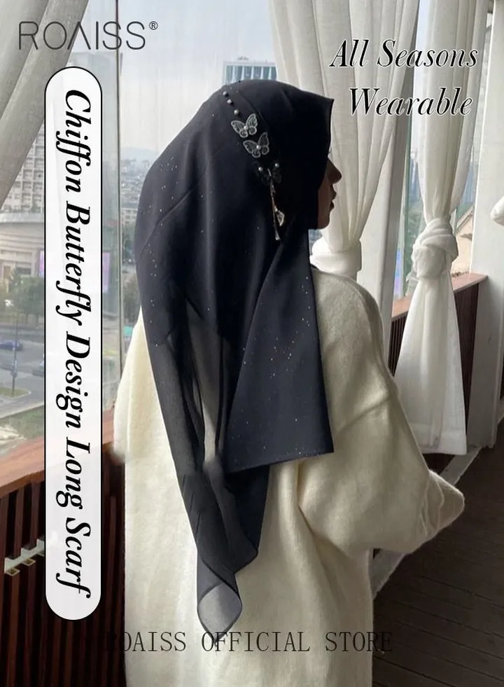 Women's Chiffon Hijab Muslim Casual Scarf Butterfly Pearl Turban for Ladies Beading Decoration Versatile All Seasons Wearable Traditional Wear Hijab Ramadan and Eid al-Adha Gifts