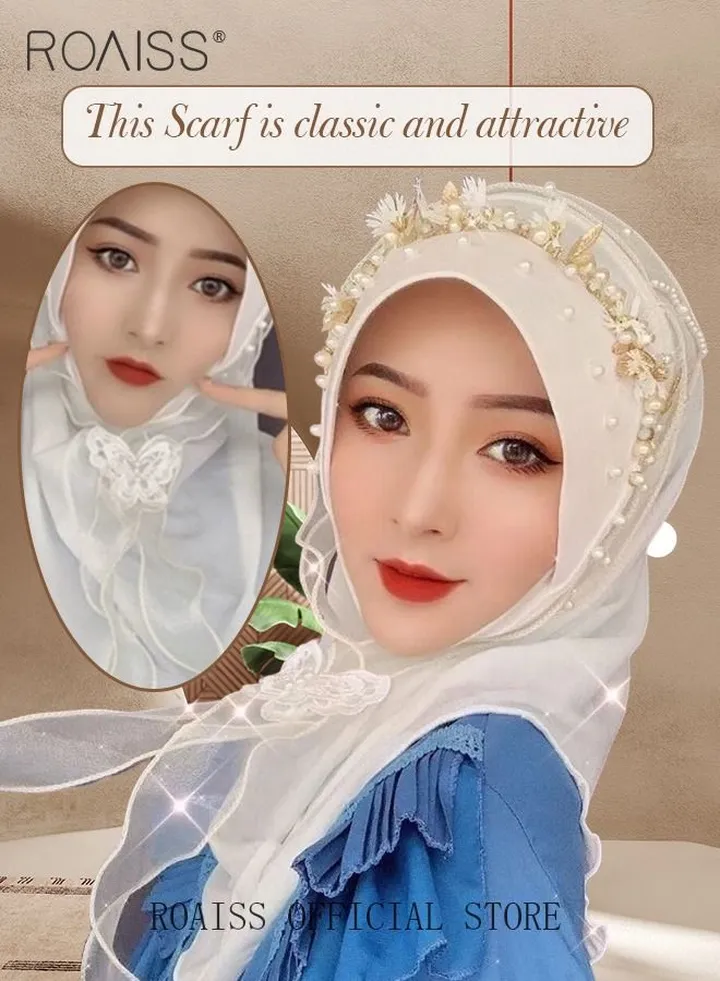 Women's Chiffon Hijab Muslim Casual Scarf Floral Pearl Turban for Ladies Beading Decoration Versatile All Seasons Wearable Traditional Wear Hijab