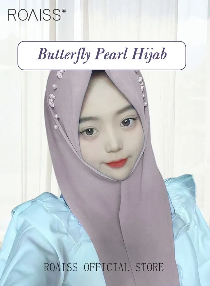 Women's Chiffon Hijab Muslim Casual Scarf Bowknot Pearl Turban for Ladies Beading Decoration Versatile All Seasons Wearable Traditional Wear Hijab Ramadan and Eid al-Adha Gifts