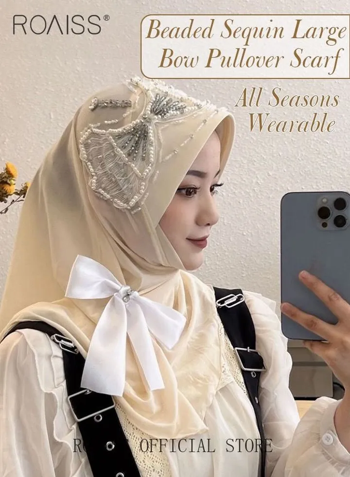 Women's Chiffon Hijab Muslim Casual Scarf Bead Sequin Turban for Ladies Beading Decoration Versatile All Seasons Wearable Traditional Wear Hijab Ramadan and Eid al-Adha Gifts