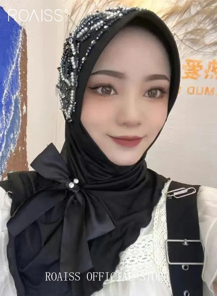 Women's Chiffon Hijab Muslim Casual Scarf Bead Sequin Turban for Ladies Beading Decoration Versatile All Seasons Wearable Traditional Wear Hijab Ramadan and Eid al-Adha Gifts