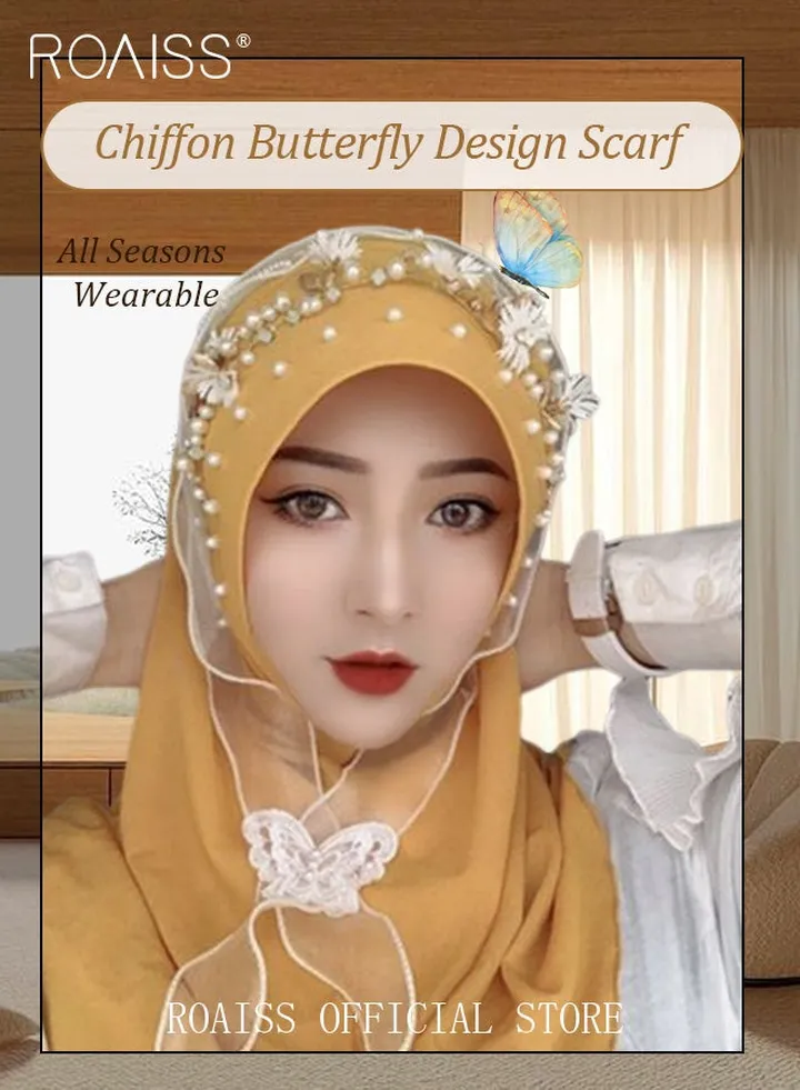 Women's Chiffon Hijab Muslim Casual Scarf Floral Pearl Turban for Ladies Beading Decoration Versatile All Seasons Wearable Traditional Wear Hijab