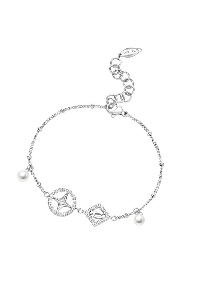 Police Sheeny Silver Color Stainless Steel Ladies Bracelet With Crystals & Pearls - PEJLB0002107