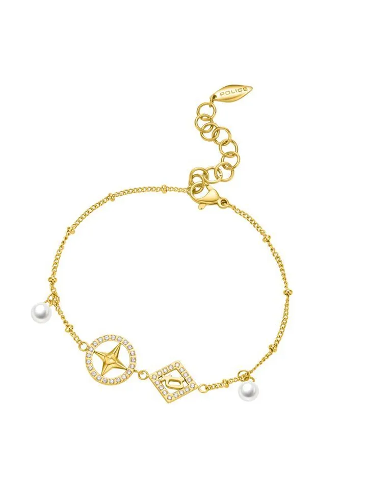 Police Sheeny Yellow Gold Plated Stainless Steel Ladies Bracelet With Crystals & Pearls - PEJLB0002105