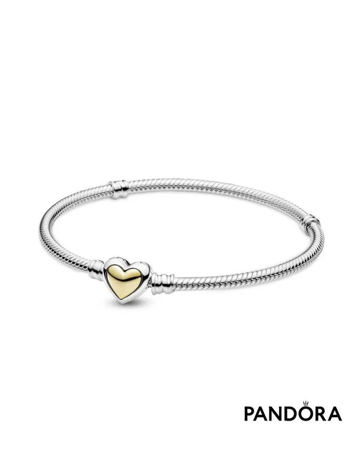 Pandora Domed Golden Heart Clasp Snake Chain Silver Bracelet