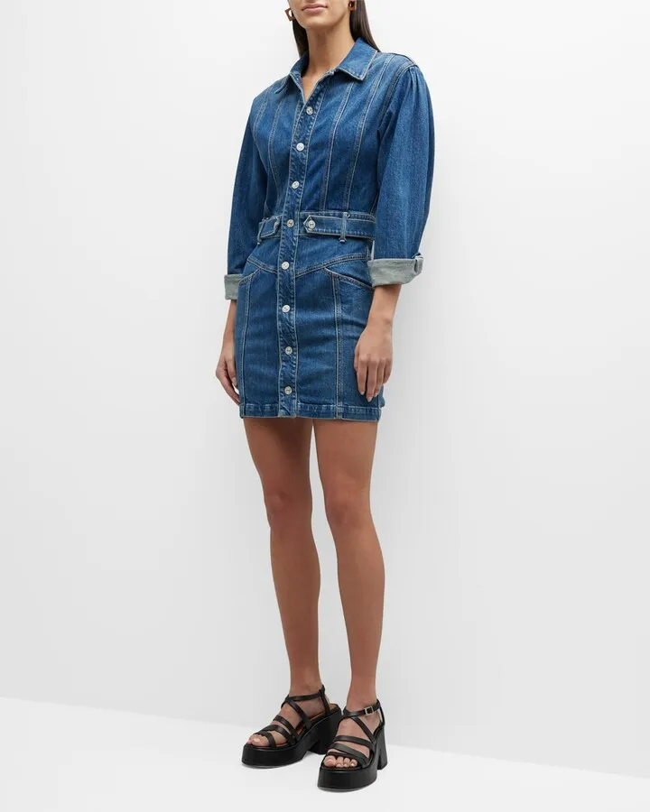 The Batwing Cinch Waist Denim Mini Dress