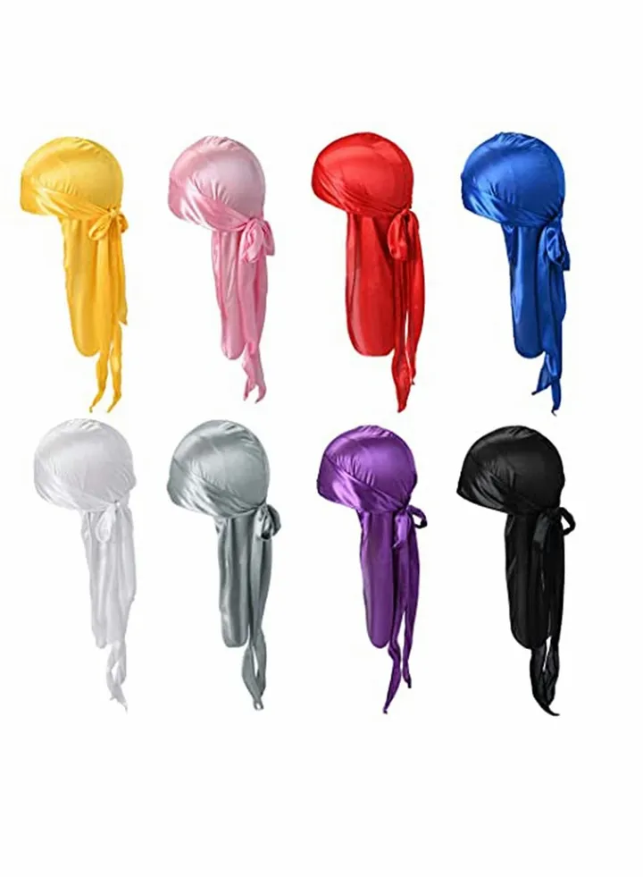 8 Pack Silk for Durag Satin Silky Long Tail Headwrap Breathable Turban Stocking Cap Wide Straps Pirate Hat