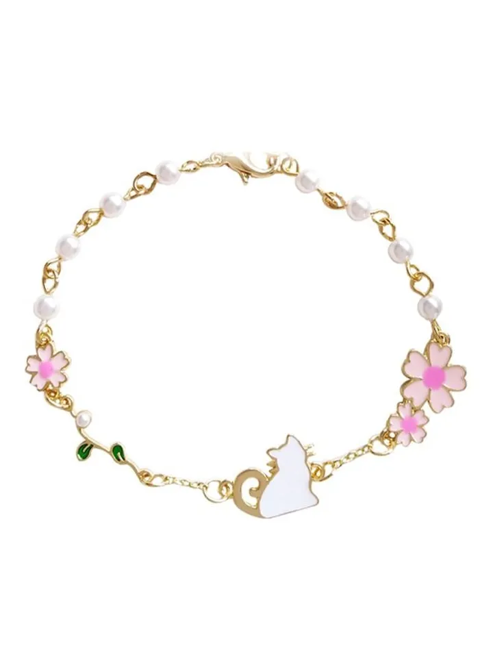 Silver Cat And Flowers Design Bracelet