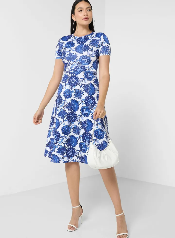 Printed Pleat Detail Skater Dress